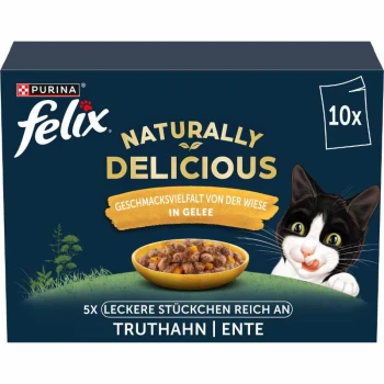 Eine Schachtel Purina Felix Katzenfutter, beschriftet "Naturally Delicious" mit einer schwarz-weißen Katze, mit 10 Portionen Truthahn und Ente in Gelee.