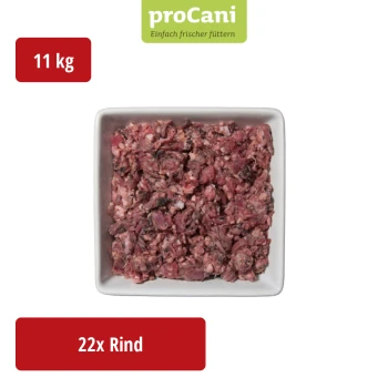 Verpackte Rinder-Magenmischung für Haustiere, beschriftet mit 'proCani buy nature', mit einer malerischen Hintergrund und Nährwertangaben.