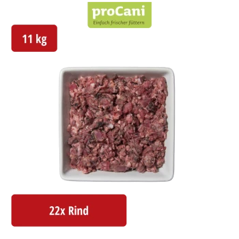 Verpackte Rinder-Magenmischung für Haustiere, beschriftet mit 'proCani buy nature', mit einer malerischen Hintergrund und Nährwertangaben.