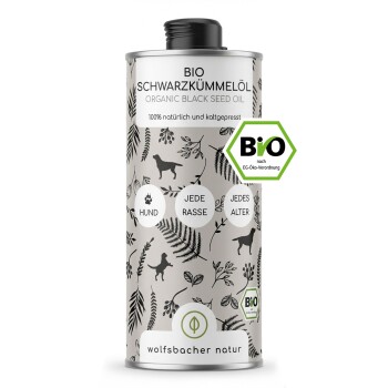 Flasche mit biologischem Schwarzkümmelöl mit silbernem Design, mit Illustrationen von Hunden und dem Text "100% natürlich und kaltgepresst."