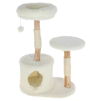 Cremefarbener Katzenbaum mit zwei Plattformen, einem gemütlichen Versteck, mit Sisal umwickelten Pfosten und einem hängenden Bommelspielzeug.