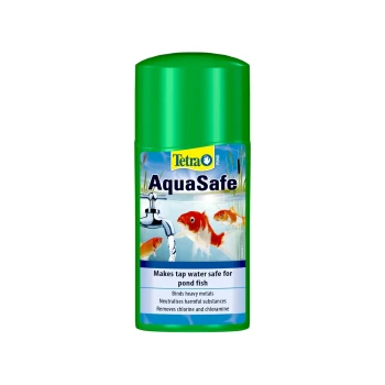 Tetra AquaSafe water conditioner bottle for pond fish, featuring goldfish and a tap image, with text on benefits and usage.