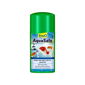 Tetra AquaSafe water conditioner bottle for pond fish, featuring goldfish and a tap image, with text on benefits and usage.