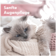Flauschige graue Katze mit blauen Augen ruht auf cremefarbenen Strickdecken, Überlagerungstext: 'Sanfte Augenpflege'.