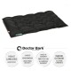 Schwarzes Haustierbett mit gepolstertem Design, beschriftet "Doctor Bark," mit Text über Haltbarkeit, Hygiene und Pflegehinweise.