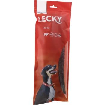 Rifi fin extra long 30cm Rote Verpackung von LECKY Riff-Fin Hundeleckerlis mit einem Bild eines glücklichen Hundes, mit Symbolen, die 100% natürliche Zutaten anzeigen.