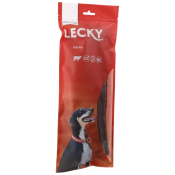 Rote Verpackung von LECKY Riff-Fin Hundeleckerlis mit einem Bild eines glücklichen Hundes, mit Symbolen, die 100% natürliche Zutaten anzeigen.