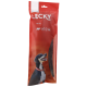 Emballage rouge de friandises pour chiens LECKY Riff-Fin présentant une image de chien heureux, avec des icônes indiquant des ingrédients 100% naturels.