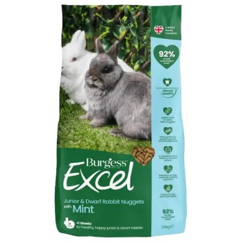 Burgess Excel Junior & Dwarf Rabbit Nuggets with Mint bag, showing a grey and white rabbit on grass, with 92% natural ingredients.