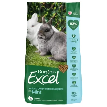 Burgess Excel Junior & Dwarf Rabbit Nuggets with Mint bag, showing a grey and white rabbit on grass, with 92% natural ingredients.
