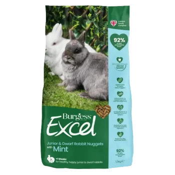 Burgess Excel Junior & Dwarf Rabbit Nuggets with Mint bag, showing a grey and white rabbit on grass, with 92% natural ingredients.