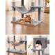 Ein grauer Katzenbaum mit einer Hängematte; eine orangefarbene Katze liegt darunter, während eine weiße Katze von oben hervorschaut. Die Basis misst 3 cm.