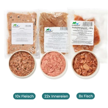 Bild von Tierfutterpaketen, einschließlich Lachs, Katzenfutter und Thunfischfilet, mit Schalen von Fleisch und Fisch, beschriftet mit "10x Fleisch, 22x Innereien, 8x Fisch."
