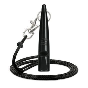 Schwarze ACME Hundepfeife mit dem Text „Made in England“, befestigt an einem schwarzen Lanyard mit Metallclip.