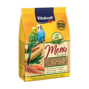 Eine Tüte Vitakraft Menu Vogelfutter mit zwei bunten Wellensittichen auf der Vorderseite, mit Text, der natürliche Zutaten und gesundheitliche Vorteile hervorhebt.