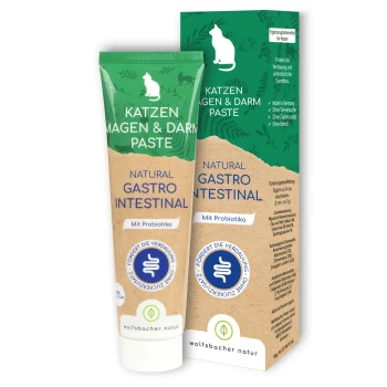 Natürliche Gastrointestinalpaste für Katzen in einer Tube, die probiotische Vorteile bietet, mit Text in Deutsch und einem grün-braunen Design.
