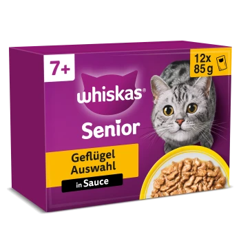 Whiskas Senior Katzenfutterbox (7+) mit Katze und Napf mit Nassfutter; Text 'Geflügel Auswahl in Sauce' und '12 x 85 g'.