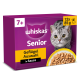 Whiskas Senior Katzenfutterbox (7+) mit Katze und Napf mit Nassfutter; Text 'Geflügel Auswahl in Sauce' und '12 x 85 g'.