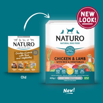 Comparison of Naturo dog food packaging old and new look, Chicken & Lamb with Rice & Vegetables, adult dog 1-7 years.