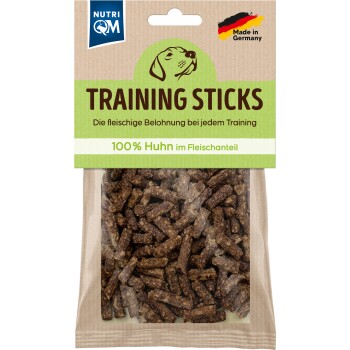 Hundetraining-Sticks in einer durchsichtigen Tüte, beschriftet mit "TRAINING STICKS" und den Etiketten "100% Huhn" und "Made in Germany".