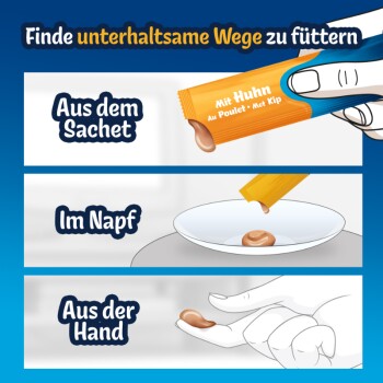 Dreiteiliges Tierfutterwerbeplakat mit den Beschriftungen 'Aus dem Sachet', 'Im Napf', 'Aus der Hand' und einem Sachet mit der Aufschrift 'Mit Huhn'.