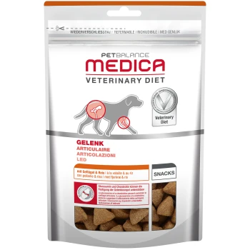 Medica Gelenk Snacks mit Geflügel & Reis 2 x 125g PetBalance Medica Hundesnacks mit einer Hundesilhouette, mit der Aufschrift 'Gelenk' und 'Snacks,' mit Huhn, Reis, Glucosamin und Chondroitin.