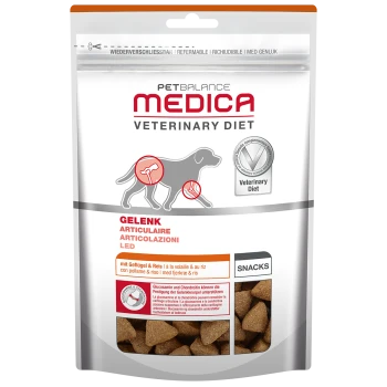 PetBalance Medica Hundesnacks mit einer Hundesilhouette, mit der Aufschrift 'Gelenk' und 'Snacks,' mit Huhn, Reis, Glucosamin und Chondroitin.