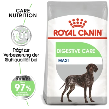Royal Canin Digestive Care Hundefuttertüte mit einer Illustration eines braunen und weißen Hundes, mit Text, der die Vorteile für die Stuhlqualität hervorhebt.