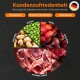 Kreisdiagramm der Zutaten für Haustierfutter: Lamm, Kartoffeln, Erbsen, Äpfel, Rüben. Hebt "Kundenzufriedenheit," "Monoprotein" und die deutsche Flagge hervor.