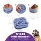 Interaktives Hundepuzzle-Spielzeug in Blau, das das Füllen mit Leckereien, das Abdecken und wie Hunde die Leckereien finden, demonstriert. Text: "WIE ES FUNKTIONIERT!"