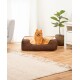 Ein glücklicher Pomeranian-Hund sitzt in einem gemütlichen braunen Haustierbett mit einem hellen Innenraum, umgeben von einem hellen Wohnzimmer.