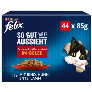 Purina Felix Katzenfutter-Packung 44 x 85 g 'SO GUT WIE ES AUSSIEHT IN GELEE', schwarz-weiße Katze lugt hervor.