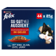 Purina Felix Katzenfutter-Packung 44 x 85 g 'SO GUT WIE ES AUSSIEHT IN GELEE', schwarz-weiße Katze lugt hervor.