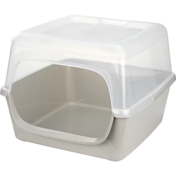 Nowoczesna, dwukolorowa kuweta dla kotów z przezroczystą pokrywą i otwartym wejściem z przodu, zaprojektowana dla łatwego dostępu i czystości.