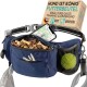 Eine blaue Bauchtasche für Hundebesitzer, mit Fächern für Hundeleckerlis, Schlüssel und einen Tennisball, mit dem sichtbaren Text 'HUND IST KÖNIG'.