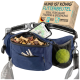 Eine blaue Bauchtasche für Hundebesitzer, mit Fächern für Hundeleckerlis, Schlüssel und einen Tennisball, mit dem sichtbaren Text 'HUND IST KÖNIG'.
