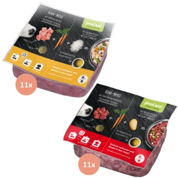 Zwei proCani-Hundefutterpakete mit den Aufschriften "Huhn-Menü" und "Rind-Menü", mit frischen Zutaten und Anweisungen zum Auftauen und Servieren.