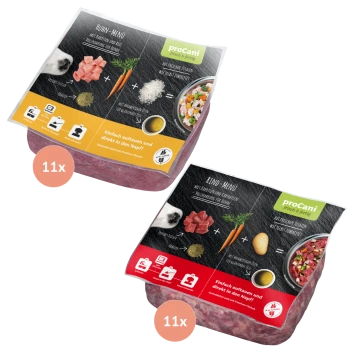 Zwei proCani-Hundefutterpakete mit den Aufschriften "Huhn-Menü" und "Rind-Menü", mit frischen Zutaten und Anweisungen zum Auftauen und Servieren.