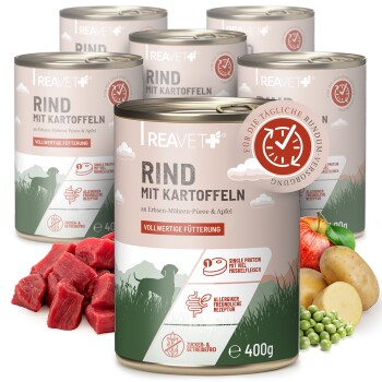 Dosen mit REAVET Hundefutter, beschriftet mit "Rind mit Kartoffeln" mit Rindfleisch, Kartoffeln, Erbsen und Äpfeln, die Ernährung und Allergene hervorheben.