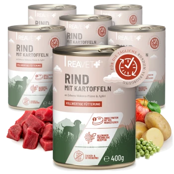 Dosen mit REAVET Hundefutter, beschriftet mit "Rind mit Kartoffeln" mit Rindfleisch, Kartoffeln, Erbsen und Äpfeln, die Ernährung und Allergene hervorheben.