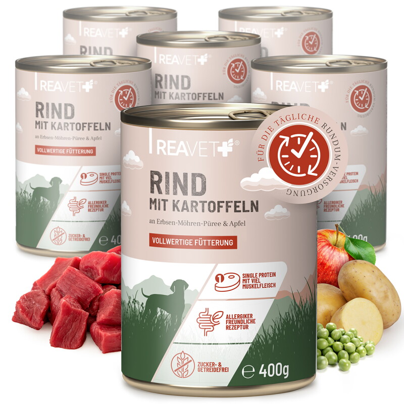 REAVET Hundenassfutter - Rind mit Kartoffeln an Erbsen-Möhren-Püree & Apfel 6x400 g