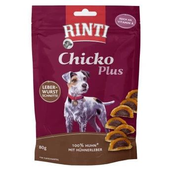 Rinti Chicko Plus Hundesnacks-Verpackung mit lila Hintergrund, Bildern von Leberwurst und Texten "100% Huhn" und "reich an Vitamin A."