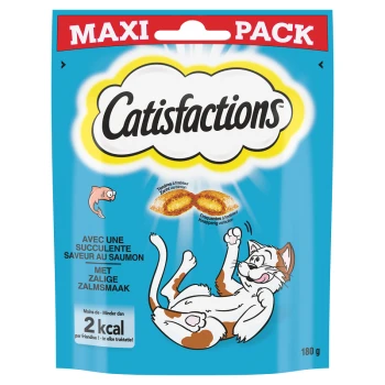 Grand pack de friandises pour chats Catisfactions, avec un chat joueur sur le devant, mettant en avant la saveur saumon et le faible contenu calorique.