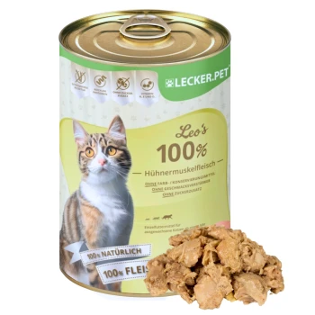 Eine Dose Leo's 100% Hühnerfleisch für Katzen, gekennzeichnet als natürlich und fleischbasiert, mit einer Portion, die vorne angezeigt wird.