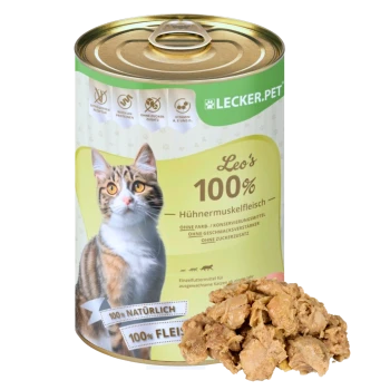 Eine Dose Leo's 100% Hühnerfleisch für Katzen, gekennzeichnet als natürlich und fleischbasiert, mit einer Portion, die vorne angezeigt wird.