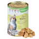 Eine Dose Leo's 100% Hühnerfleisch für Katzen, gekennzeichnet als natürlich und fleischbasiert, mit einer Portion, die vorne angezeigt wird.