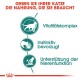 Bild zur Förderung von Katzenfutter mit dem Text: "Geben Sie Ihrer Katze die Nahrung, die sie braucht" und Symbolen für Vitalität, Instinkt und Nierenschutz.