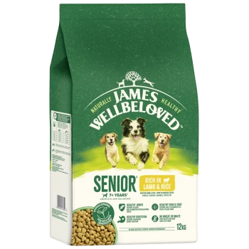 James Wellbeloved Senior dog food bag, rich in lamb & rice, for dogs 7+ years, hypoallergenic, 12kg, with images of three dogs.