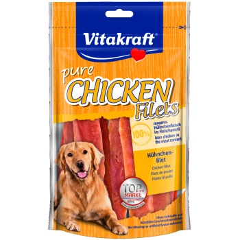Vitakraft Hähnchenfilets Verpackung mit Streifen und einem Golden Retriever, mit "100% mageres Hähnchen" und "TOP MARKE 2015."
