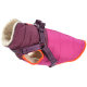 A vibrant pink and purple dog coat with a soft, fluffy lining and adjustable straps for a secure fit.
